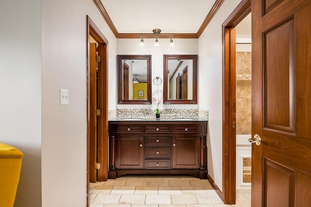 2862 Shady Ridge Dr, Columbus, OH 43231 - hallway with ornamental molding, light tile patterned flooring, a sink, and baseboards