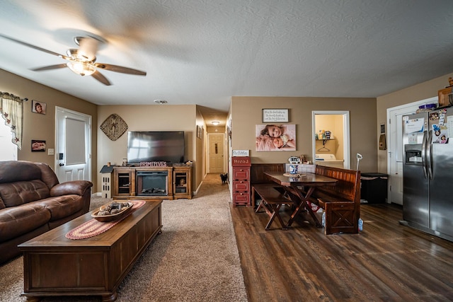 2025 Little Creek Rd, Frankfort, OH 45628 - living room featuring ceiling fan, dark wood-style flooring, and a textured ceiling