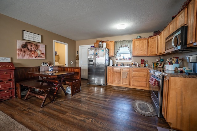 2025 Little Creek Rd, Frankfort, OH 45628 - kitchen featuring stainless steel appliances, dark wood-style flooring, a sink, and a textured ceiling