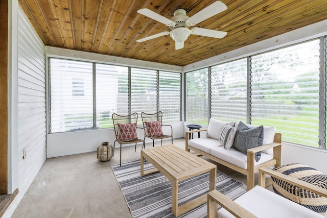 157 E Dominion Blvd, Columbus, OH 43214 - sunroom / solarium featuring wooden ceiling, ceiling fan, concrete flooring, and an outdoor living space
