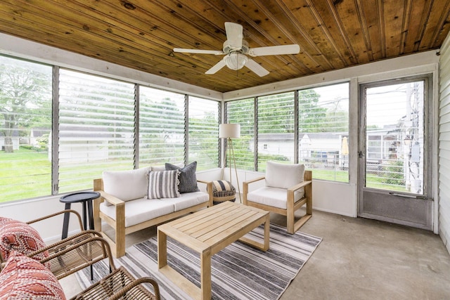 157 E Dominion Blvd, Columbus, OH 43214 - sunroom with ceiling fan, concrete flooring, wood ceiling, and an outdoor hangout area