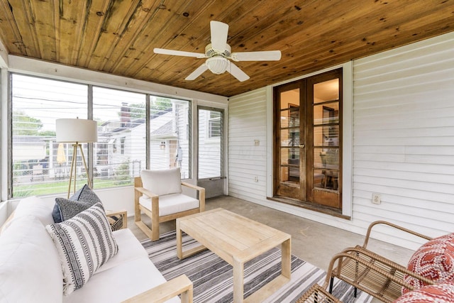 157 E Dominion Blvd, Columbus, OH 43214 - sunroom / solarium featuring wood ceiling, a ceiling fan, concrete floors, outdoor lounge area, and wood walls