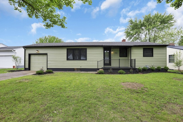 1783 Glenmar Dr, Lancaster, OH 43130 - ranch-style house with an attached garage, concrete driveway, a front yard, and a chimney