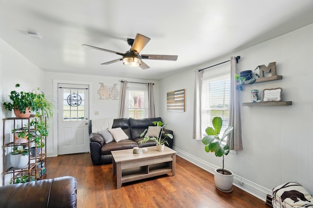 11725 Old Columbus Rd, South Vienna, OH 45369 - living area featuring plenty of natural light, ceiling fan, baseboards, and wood finished floors