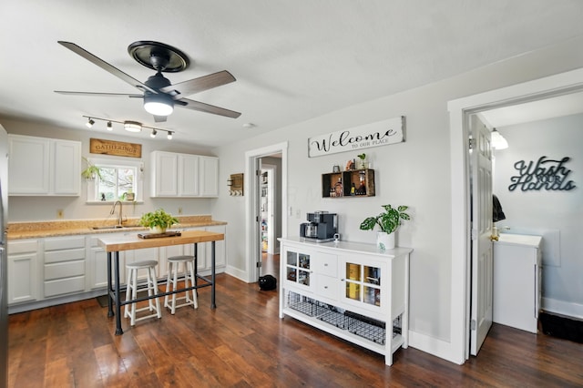 11725 Old Columbus Rd, South Vienna, OH 45369 - kitchen featuring light countertops, a ceiling fan, a sink, white cabinets, and dark wood finished floors