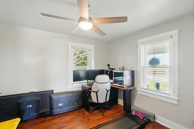 11725 Old Columbus Rd, South Vienna, OH 45369 - home office with a ceiling fan, wood finished floors, and baseboards