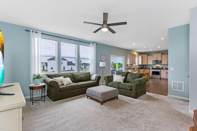 324 Raccoon Ave, Johnstown, OH 43031 - living area featuring a ceiling fan, carpet flooring, baseboards, and recessed lighting
