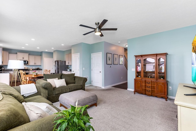 324 Raccoon Ave, Johnstown, OH 43031 - living room featuring ceiling fan, baseboards, light colored carpet, and recessed lighting