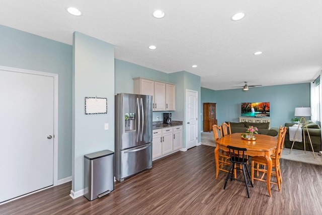 324 Raccoon Ave, Johnstown, OH 43031 - dining space featuring dark wood-style flooring, a ceiling fan, recessed lighting, and baseboards