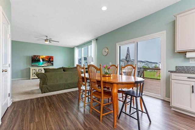 324 Raccoon Ave, Johnstown, OH 43031 - dining room featuring a ceiling fan, dark wood finished floors, baseboards, and recessed lighting