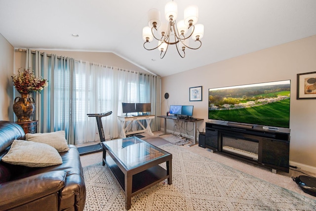 2991 Green Line Way, Columbus, OH 43231 - carpeted living room featuring a chandelier, vaulted ceiling, and baseboards