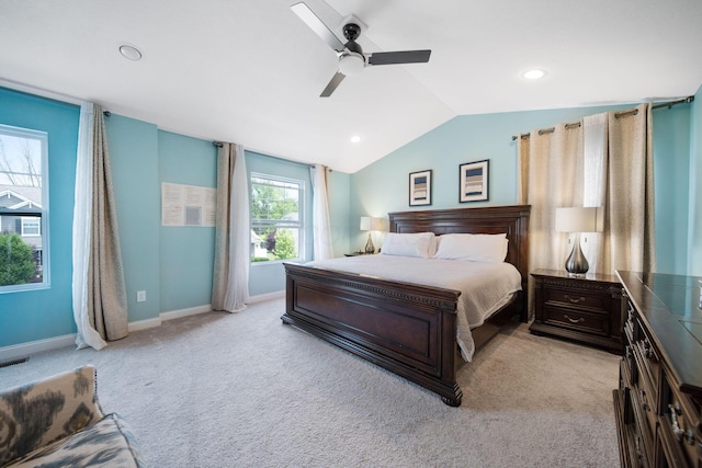 2991 Green Line Way, Columbus, OH 43231 - bedroom featuring vaulted ceiling, light carpet, baseboards, a ceiling fan, and recessed lighting
