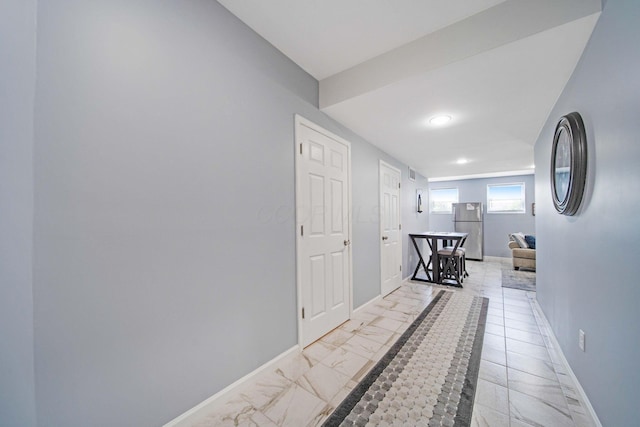 2991 Green Line Way, Columbus, OH 43231 - hall with baseboards, recessed lighting, and light marble finish flooring