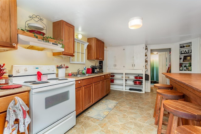 3470 State Route 314, Fredericktown, OH 43019 - kitchen featuring white range with electric cooktop, under cabinet range hood, a sink, light countertops, and brown cabinetry