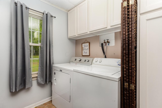 3470 State Route 314, Fredericktown, OH 43019 - washroom with washing machine and clothes dryer, cabinet space, baseboards, and ornamental molding