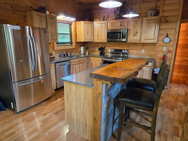 21760 State Route 93, Logan, OH 43138 - kitchen with stainless steel appliances, a sink, wooden walls, butcher block counters, and light wood-type flooring