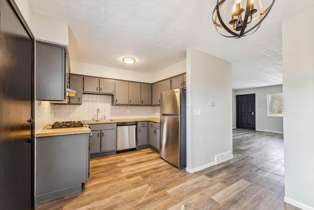2363 Hampstead Dr Unit 2363-65-67, Columbus, OH 43229 - kitchen featuring stainless steel appliances, gray cabinets, light wood finished floors, a chandelier, and a textured ceiling