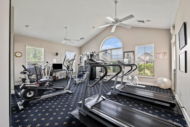 143 Falls Peak Ln, Delaware, OH 43015 - workout area with a ceiling fan, carpet floors, baseboards, and high vaulted ceiling
