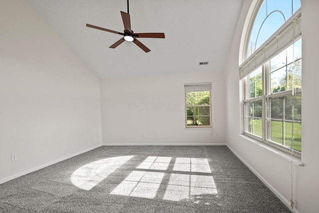 143 Falls Peak Ln, Delaware, OH 43015 - carpeted spare room featuring high vaulted ceiling, ceiling fan, and baseboards