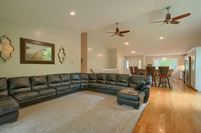 1494 Old Carriage Ct, Canal Winchester, OH 43110 - living area with light wood-style flooring, recessed lighting, a ceiling fan, and vaulted ceiling