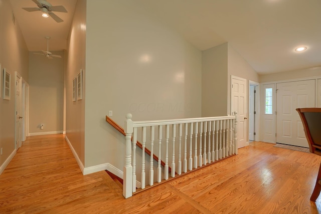 1494 Old Carriage Ct, Canal Winchester, OH 43110 - hallway featuring an upstairs landing, wood finished floors, baseboards, recessed lighting, and high vaulted ceiling