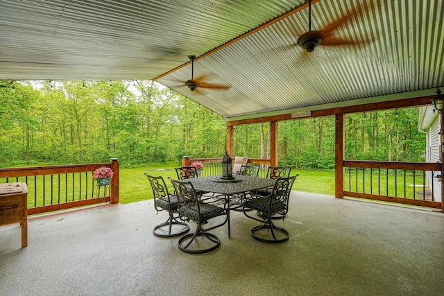 1494 Old Carriage Ct, Canal Winchester, OH 43110 - view of patio / terrace featuring outdoor dining space, a ceiling fan, and a view of trees