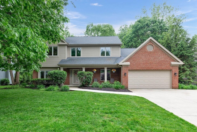 5528 Cypress Ct, Westerville, OH 43082 - traditional-style home with an attached garage, a front yard, concrete driveway, brick siding, and a shingled roof