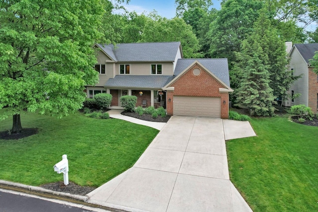 5528 Cypress Ct, Westerville, OH 43082 - traditional-style house featuring driveway, an attached garage, a front lawn, brick siding, and roof with shingles