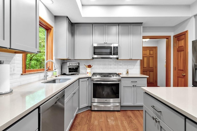 5528 Cypress Ct, Westerville, OH 43082 - kitchen featuring stainless steel appliances, a sink, gray cabinets, light countertops, and light wood finished floors