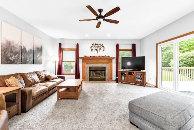 5528 Cypress Ct, Westerville, OH 43082 - living area with a ceiling fan, a fireplace, healthy amount of natural light, carpet flooring, and recessed lighting