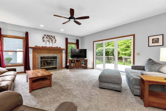 5528 Cypress Ct, Westerville, OH 43082 - living room featuring a ceiling fan, carpet flooring, a tile fireplace, and recessed lighting