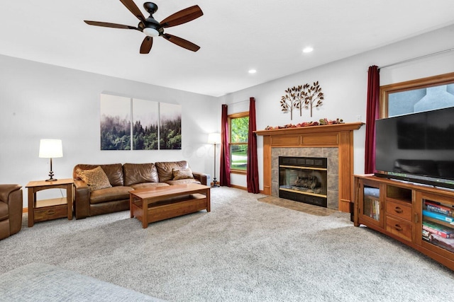 5528 Cypress Ct, Westerville, OH 43082 - living room with carpet, a ceiling fan, a tile fireplace, and recessed lighting