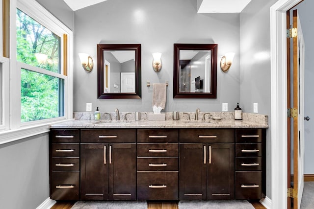5528 Cypress Ct, Westerville, OH 43082 - bathroom featuring double vanity, plenty of natural light, baseboards, and wood finished floors