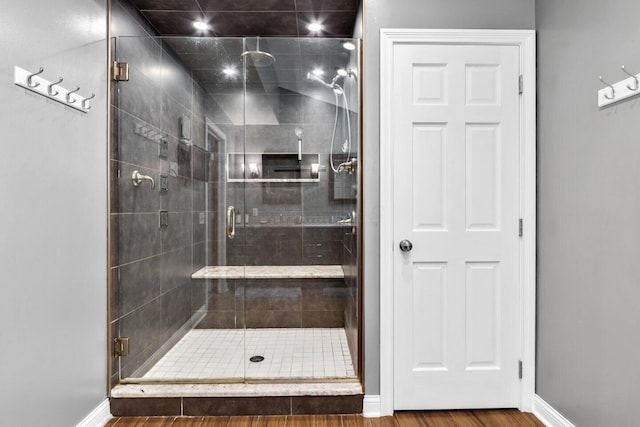 5528 Cypress Ct, Westerville, OH 43082 - bathroom featuring a shower stall, baseboards, wood finished floors, and recessed lighting