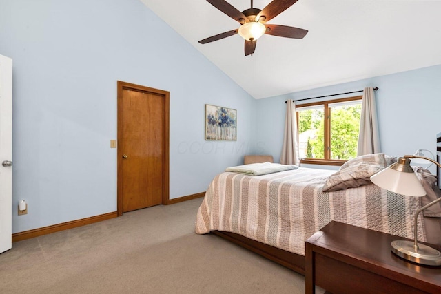 5528 Cypress Ct, Westerville, OH 43082 - carpeted bedroom featuring high vaulted ceiling, baseboards, and ceiling fan