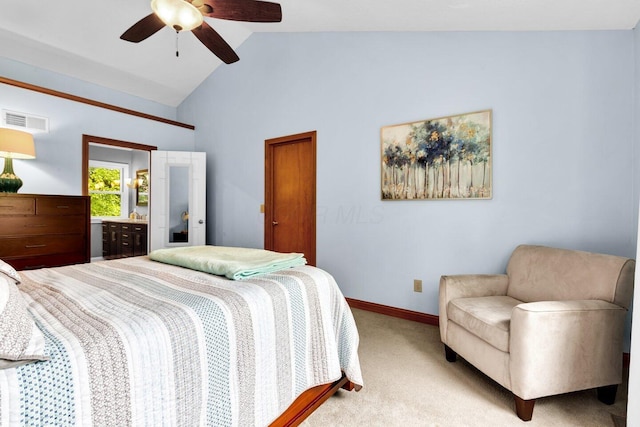 5528 Cypress Ct, Westerville, OH 43082 - bedroom with light carpet, high vaulted ceiling, baseboards, and ceiling fan