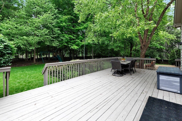 5528 Cypress Ct, Westerville, OH 43082 - deck with a playground, outdoor dining area, a yard, and view of wooded area