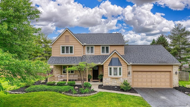 12179 Woodrow Ln, Pickerington, OH 43147 - view of front of house featuring roof with shingles, covered porch, asphalt driveway, a garage, and brick siding