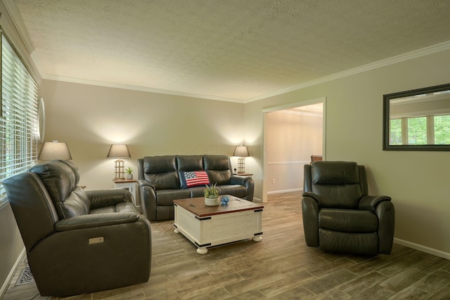 12179 Woodrow Ln, Pickerington, OH 43147 - living room with wood finished floors, a textured ceiling, baseboards, and ornamental molding