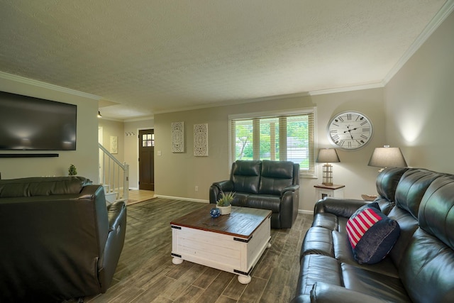 12179 Woodrow Ln, Pickerington, OH 43147 - living room featuring dark wood-type flooring, stairway, baseboards, a textured ceiling, and crown molding