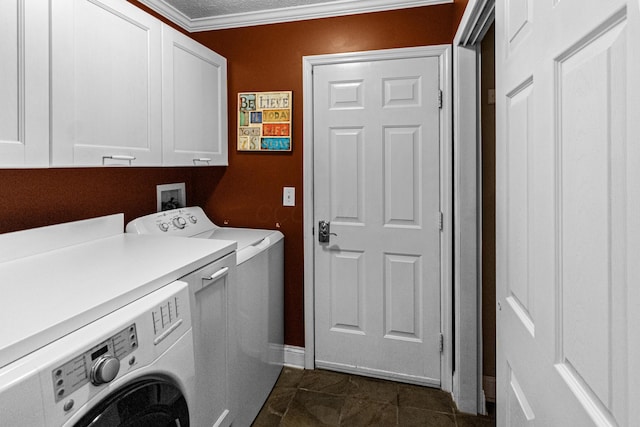8699 Lazelle Commons Dr, Lewis Center, OH 43035 - laundry area with cabinet space, washer and dryer, ornamental molding, dark tile patterned flooring, and baseboards