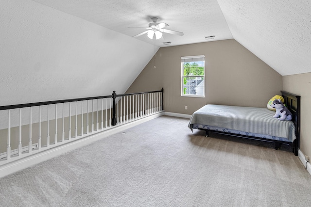 8699 Lazelle Commons Dr, Lewis Center, OH 43035 - bedroom featuring a textured ceiling, carpet floors, lofted ceiling, a ceiling fan, and baseboards