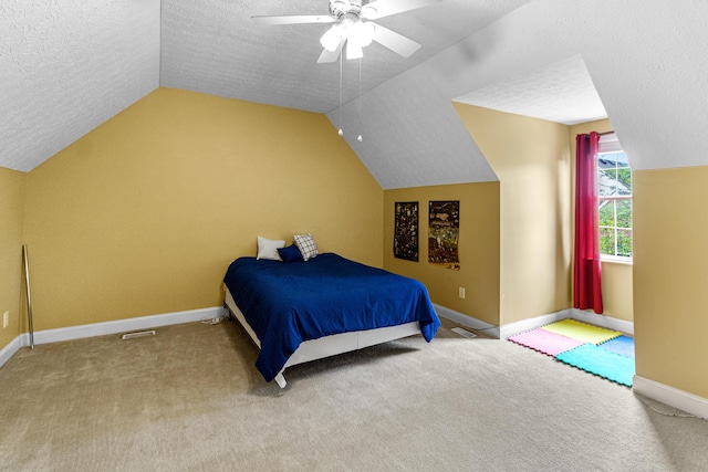 8699 Lazelle Commons Dr, Lewis Center, OH 43035 - carpeted bedroom with vaulted ceiling, a textured ceiling, baseboards, and ceiling fan