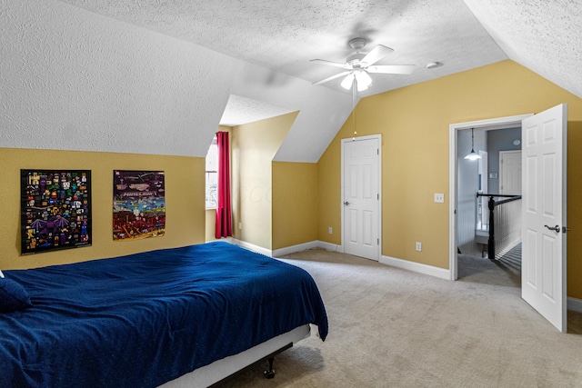 8699 Lazelle Commons Dr, Lewis Center, OH 43035 - carpeted bedroom with vaulted ceiling, a textured ceiling, baseboards, and ceiling fan