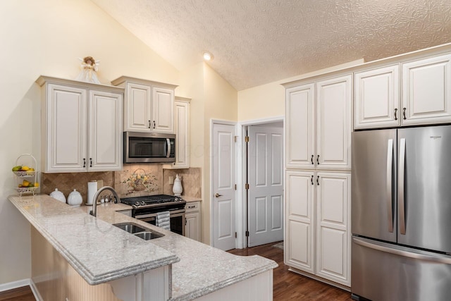 6681 Lakeview Cir, Canal Winchester, OH 43110 - kitchen featuring stainless steel appliances, vaulted ceiling, a sink, backsplash, and light stone countertops