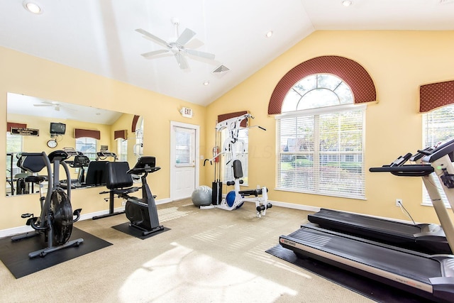 6681 Lakeview Cir, Canal Winchester, OH 43110 - workout area with a ceiling fan, baseboards, carpet flooring, recessed lighting, and high vaulted ceiling