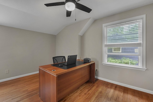 198 Loveman Ave, Worthington, OH 43085 - office area featuring baseboards, vaulted ceiling, light wood finished floors, and ceiling fan