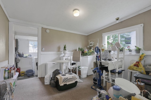 936 Washington Ave, Lancaster, OH 43130 - laundry area featuring washing machine and clothes dryer, carpet floors, and wainscoting