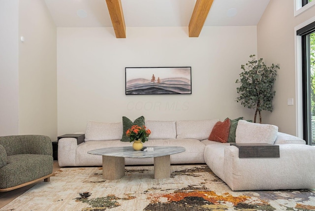 8159 Riverside Dr, Powell, OH 43065 - living area featuring beamed ceiling and wood finished floors