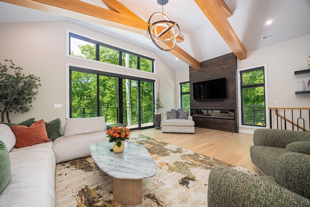 8159 Riverside Dr, Powell, OH 43065 - living area featuring wood finished floors, high vaulted ceiling, beamed ceiling, and recessed lighting